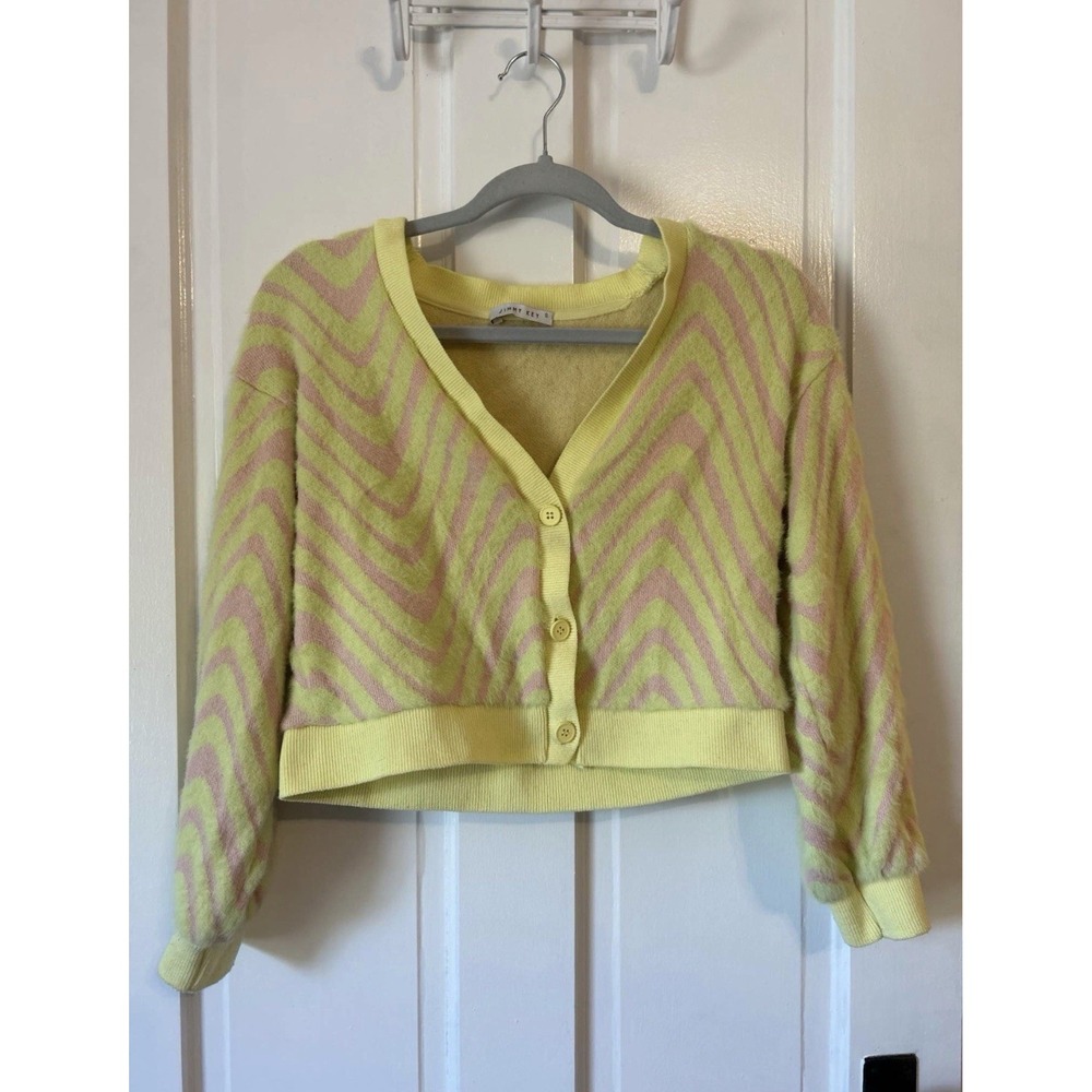 Jimmy Key Cardigan Women Size S Yellow Pink Chevron Zebra Print Fuzzy Cropped